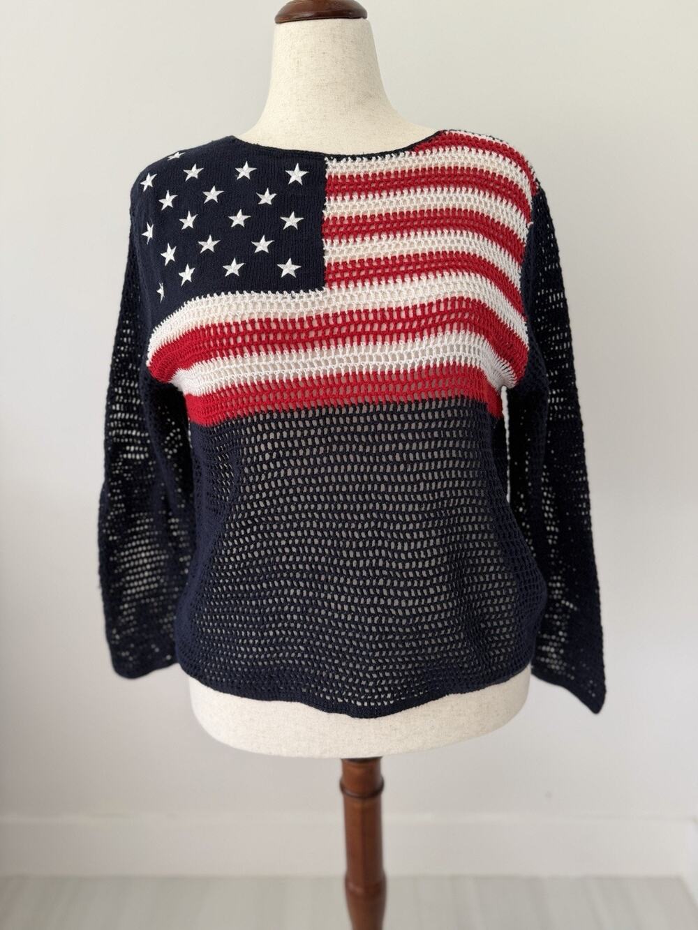 VTG Norton Studio Women’s Petite XL Crochet American Flag Open Knit Sweater Y2K